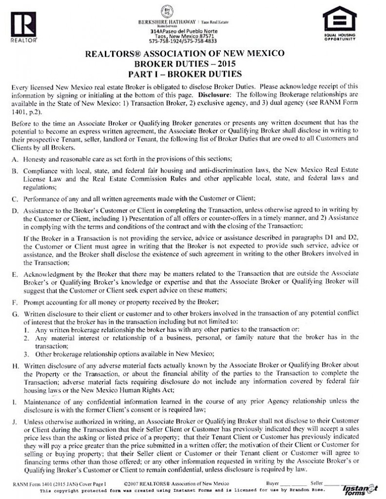 Realtor's Association of New Mexico Broker's Duties Taos Homes Real